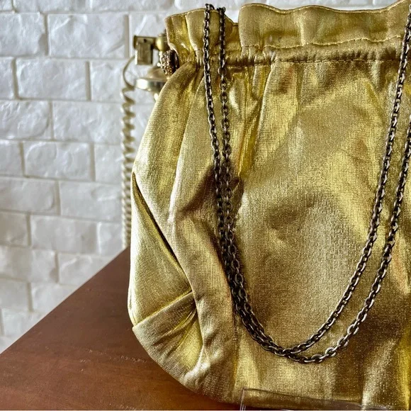 Vintage 1940s 50s Metallic Gold Fabric Slouch Bag Rhinestone Gold Tone Clasps - Picture 3 of 14